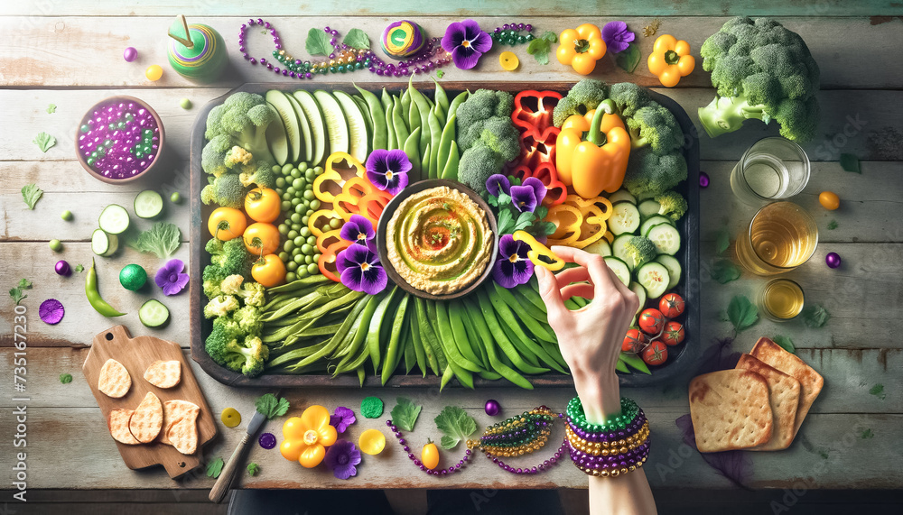 Vibrant Mardi Gras Veggie Platter with Festive Accents on a Wooden Table