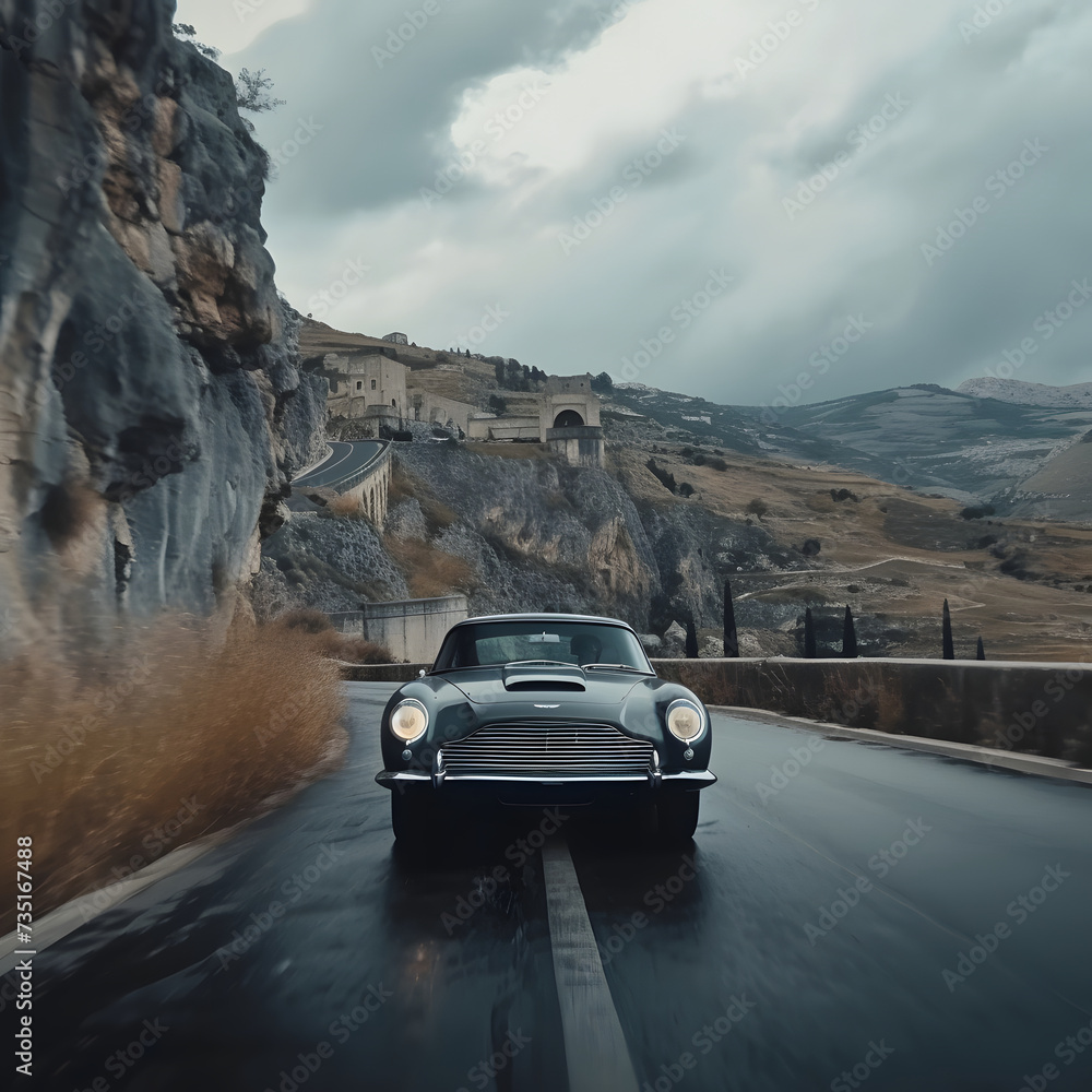 a vintage car in high speed in a road of Matera in Italy  