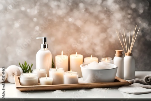 White wooden tray with burning candles  aroma diffuser and sea salt on bathtub in bathroom  space for text