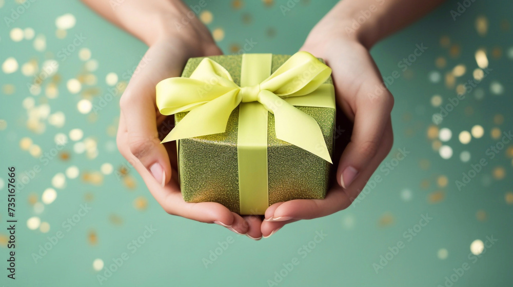 Young woman's hands holding a giftbox with a bow on pastel green background with sequences of confetti. Young woman's hands holding a giftbox with a bow on pastel green background with sequences of confetti.