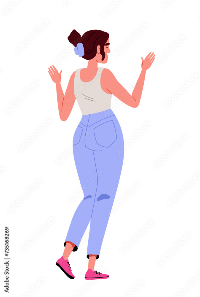 Person standing turned backside. Woman in blue pants and white tshirt. Character go away in casual clothes. Poster or banner. Cartoon flat vector illustration isolated on white background Person standing turned backside. Woman in blue pants and white tshirt. Character go away in casual clothes. Poster or banner. Cartoon flat vector illustration isolated on white background