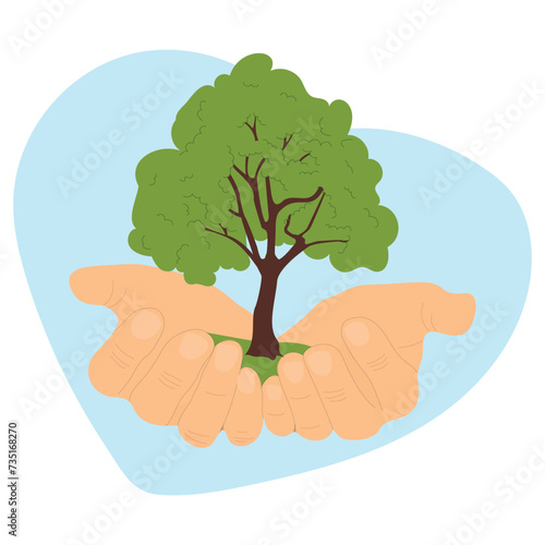 Hands are holding a tree. Vector illustration for International forest day.