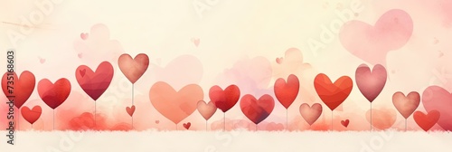 Pink, red hearts banner in watercolor style, love in the air, St Valentines day holiday.