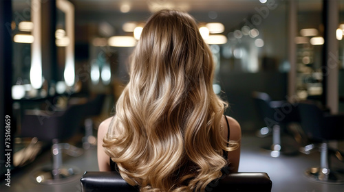  Woman's shiny wavy hair styled at a beauty salon.