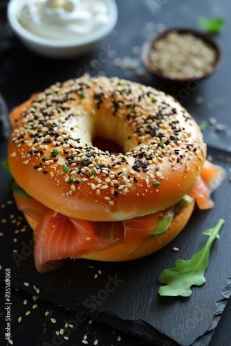 Close up view of Smoked Salmon Bagel Sandwich with arugula on a black stone plate