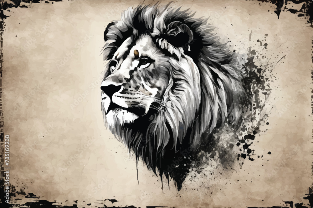 Lion background in black and white. Lion. A crude, graphic, black-and-white drawing depicting a lion. Vintage black and white vector image of a lion engraving. A monochromatic illustration of a lion. 