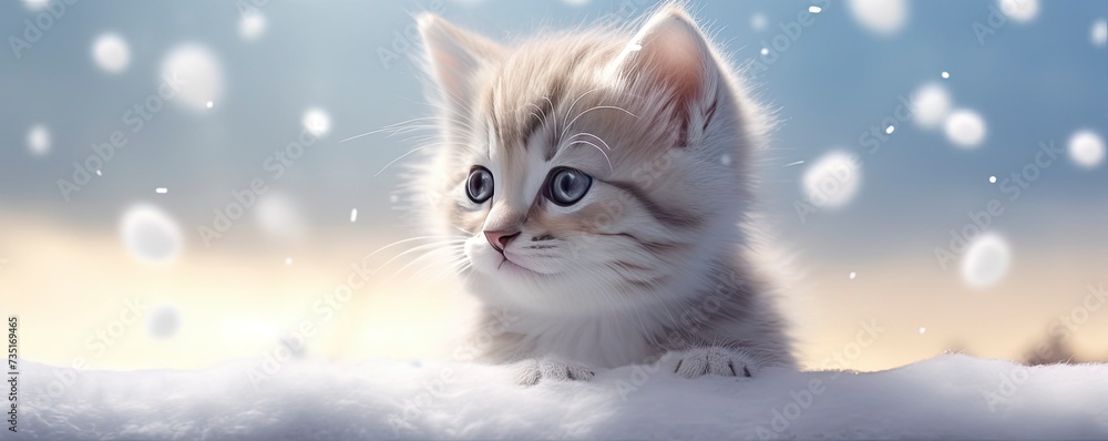 Winters magic. Wide-eyed kitten adorned with a snowy backdrop. The serene scene is a gentle reminder of the quiet beauty of nature and the tender moments of a creature experiencing its first snowfall. Winters magic. Wide-eyed kitten adorned with a snowy backdrop. The serene scene is a gentle reminder of the quiet beauty of nature and the tender moments of a creature experiencing its first snowfall.