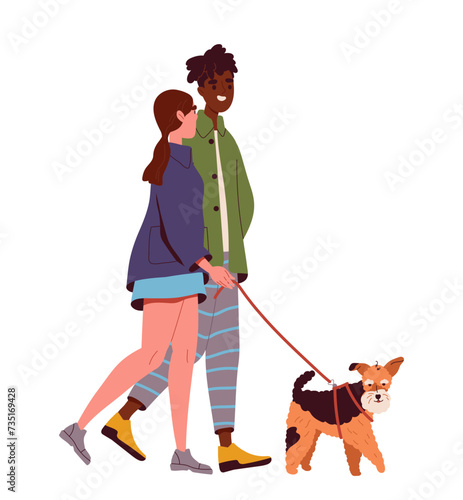 Person walk concept. Man and woman walk with dog at leash. Character in casual clothes go. Sticker for social networks and messengers. Cartoon flat vector illustration isolated on white background