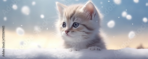 Winters magic. Wide-eyed kitten adorned with a snowy backdrop. The serene scene is a gentle reminder of the quiet beauty of nature and the tender moments of a creature experiencing its first snowfall.