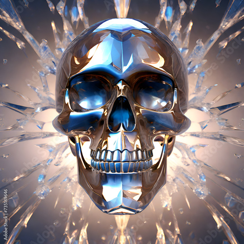 mystery crystal quartz skull of energy around golden lightning background. fantasy spiritual concept. Ai generated