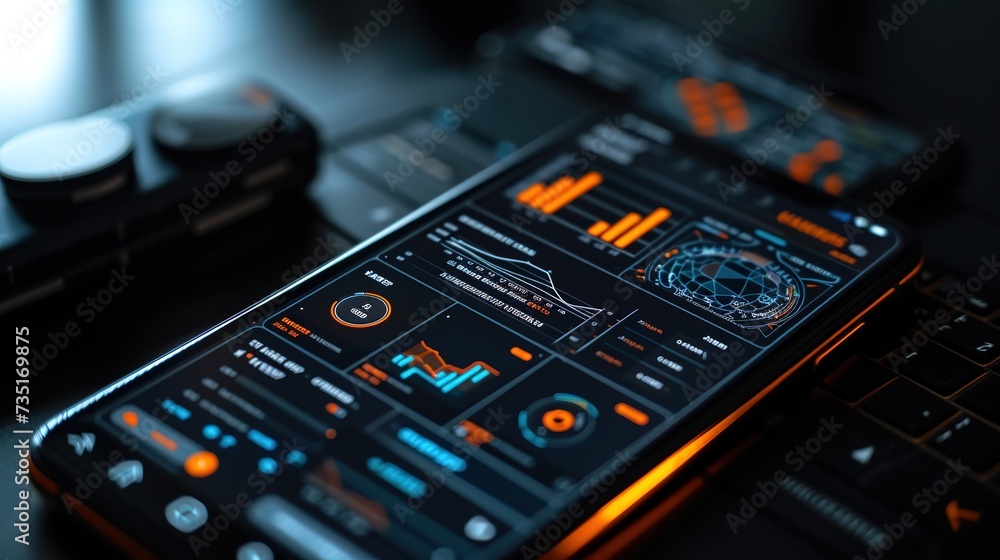 An image showcasing a smartphone displaying a complex user interface with analytics and futuristic design elements.