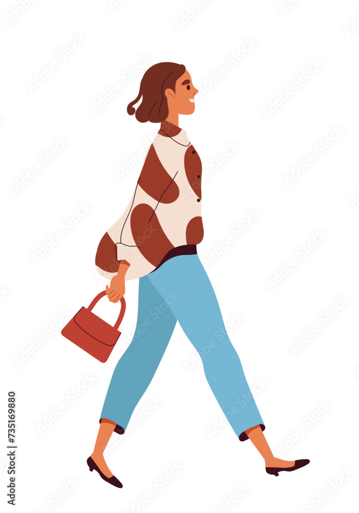Person walk concept. Woman with brown bag. Character in casual clothes go. Sticker for social networks and messengers. Cartoon flat vector illustration isolated on white background Person walk concept. Woman with brown bag. Character in casual clothes go. Sticker for social networks and messengers. Cartoon flat vector illustration isolated on white background