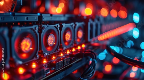Focused image of red glowing cooling fans inside a server unit, exemplifying thermal management in computer systems. photo