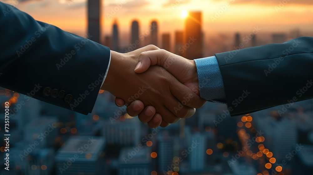Two professionals sealing a deal with a handshake against the backdrop of a cityscape bathed in the warm light of sunset.