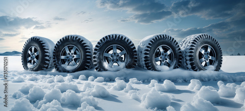 Group of black tires in snow landscape. Automotive safety and winter preparedness with new treaded wheels, ensuring reliable drive and road grip in icy conditions photo