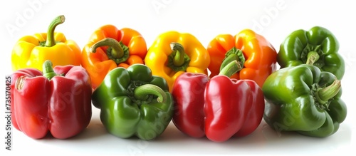 Variety of colorful peppers laid on white surface backdrop