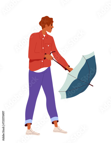 Person walking with umbrella. Man in wet weather outdoor. Autumn and fall season. Character in casual clothes. Poster or banner. Cartoon flat vector illustration isolated on white background