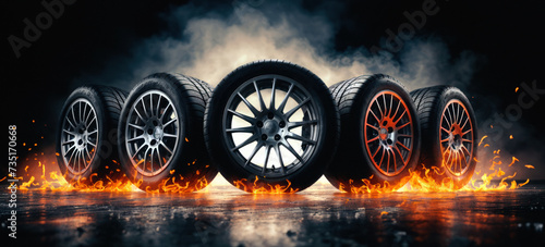 Group of tires on the ice. Amidst smoke and sparks, ensuring winter safety and grip on icy roads with automotive rubber technology