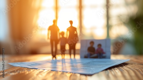 Paper cutout of a family standing on a legal document on a wooden table with a photo and warm backlight.
