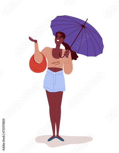 Person walking with umbrella. Woman in wet weather outdoor. Autumn and fall season. Character in casual clothes. Social media sticker. Cartoon flat vector illustration isolated on white background
