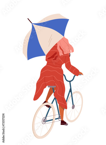 Person walking with umbrella. Woman in wet weather outdoor. Autumn and fall season. Character in casual clothes. Girl at bicycle. Cartoon flat vector illustration isolated on white background