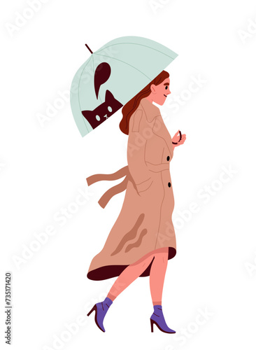 Person walking with umbrella. Woman in wet weather outdoor. Autumn and fall season. Character in casual clothes. Template and layout. Cartoon flat vector illustration isolated on white background