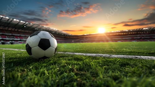 Soccer ball in stadium on grass during sunset © Chandler
