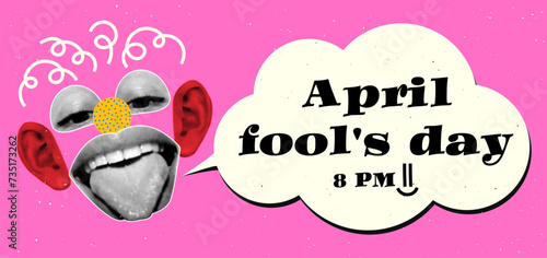 Creative banner for April Fool's Day in retro collage style. A funny face is assembled from parts of a woman’s face, eyes, lips with a halftone effect, complemented by naive art doodles.