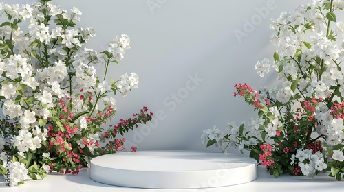 Podium flower product white 3d spring table beauty stand display nature white. Garden floral background cosmetic field scene gift day