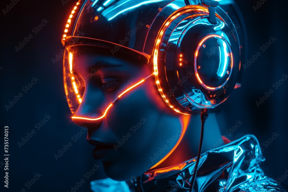 Futuristic Woman Wearing Headphones Surrounded by Glowing Neon Lights Futuristic Woman Wearing Headphones Surrounded by Glowing Neon Lights