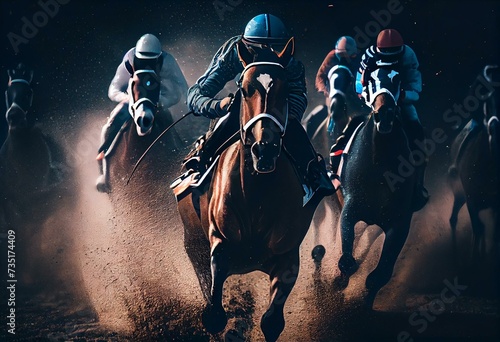 Horse Racing. horses with jockeys race on the track. Generative ai