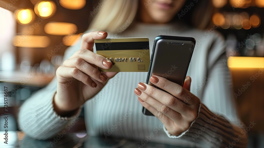Young woman hands holding credit card and smartphone. Online shopping. Unlocking a world of endless shopping possibilities. Young woman hands holding credit card and smartphone. Online shopping. Unlocking a world of endless shopping possibilities.