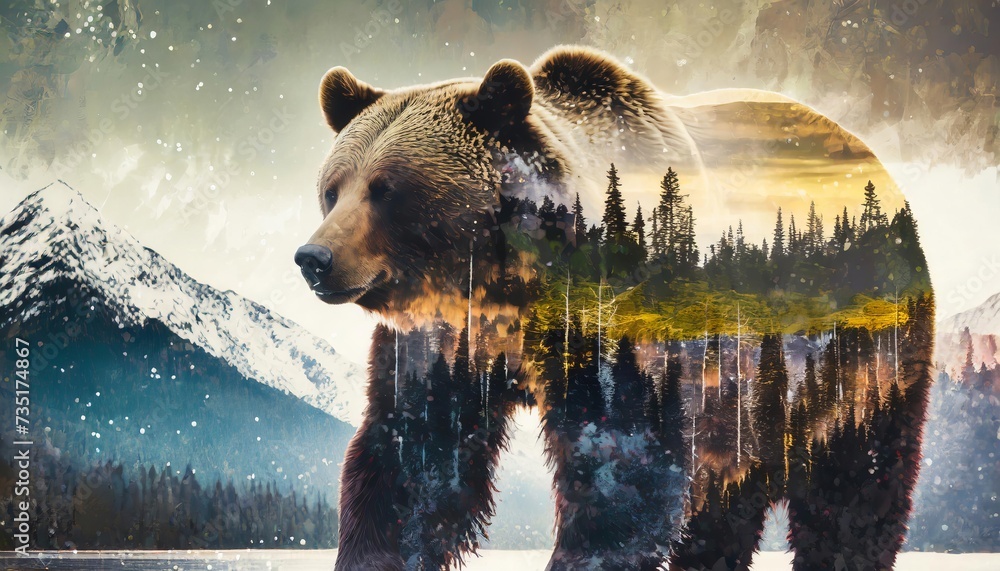 Generated image of A grizzly bear double exposure style photography - obrazy, fototapety, plakaty 