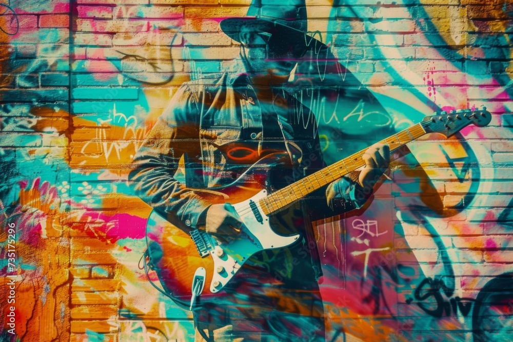 Double exposure of musician onto a graffiti wall