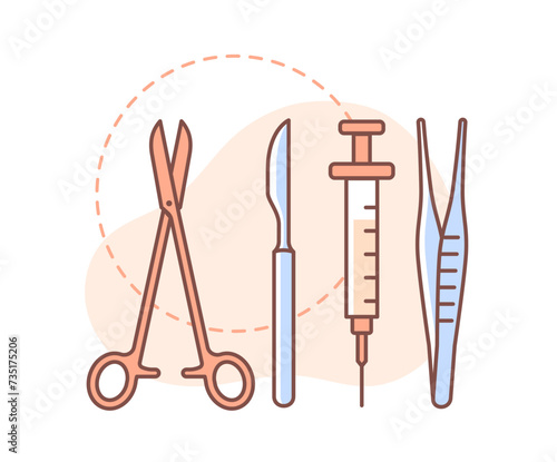 Plastic surgery face doodle. Beauty treatment and skin care. Tools for antiaging procedures. Scalpel, syringe with drug and scissors. Linear flat vector illustration isolated on white background