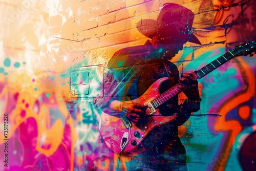 Double exposure of musician onto a graffiti wall