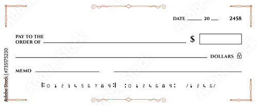 Blank bank check, checkbook cheque template or money payment paper voucher, vector mockup. Business or personal account cash pay cheque certificate or paycheck coupon from checkbook	
