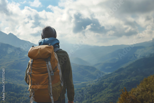 Traveler with a tourist backpack looking at the stunning view of the mountains. Travel and hiking concept. Eco-friendly traveler hiking in the beautiful nature, sport and green tourism, camping.