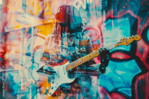 Double exposure of musician onto a graffiti wall