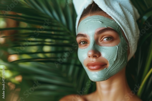 Woman with clay face mask, natural skin care, against tropical leaves background
