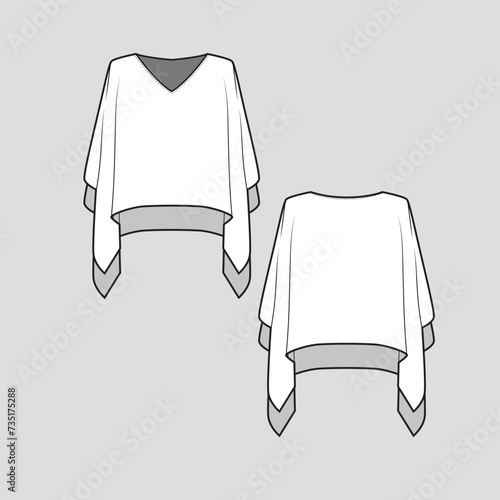 Fashion Layered Top Asymmetrical hem Layered Ruffles V Neck Design  blouse Cad Technical Drawing Template  flat sketch Vector