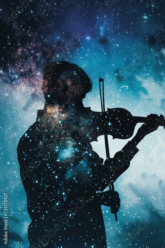 Double exposure of musician onto a night sky