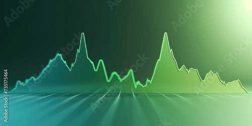 A dynamic abstract financial graph with peaks in neon colors against a dark, gradient background, depicting growth and decline trends. photo