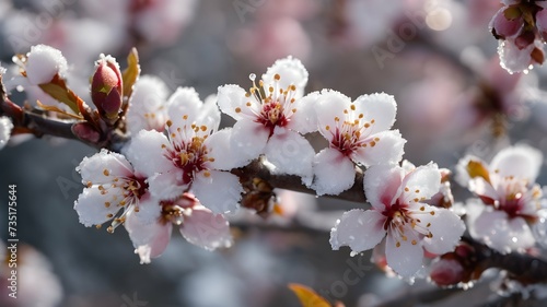 image of a frost-covered cherry blossom branch. Cold Spring. nature
