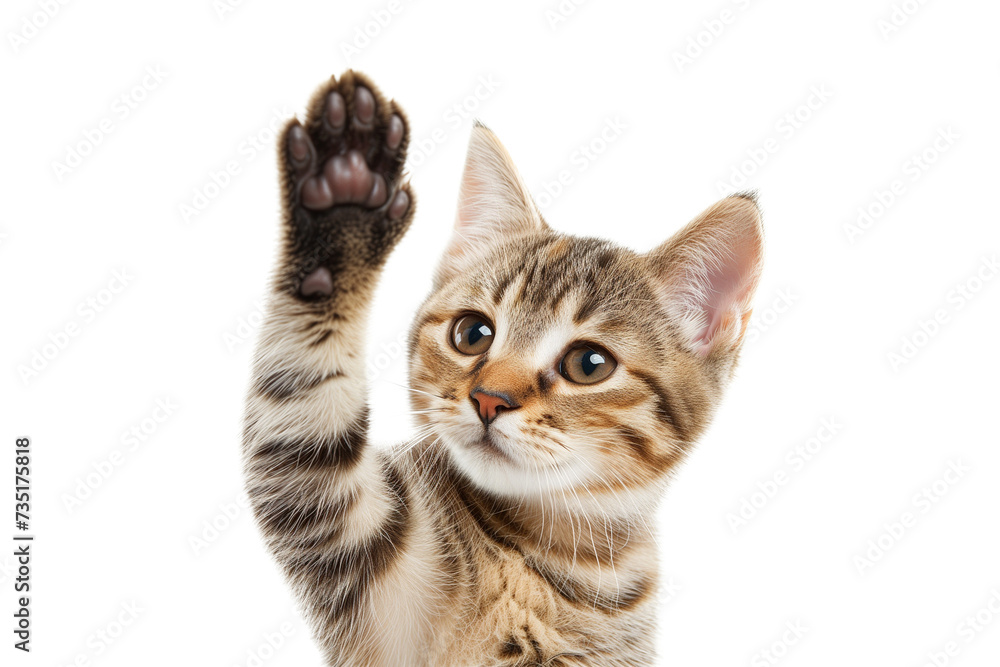 Cute bengal kitten raising paw up isolated on transparent background.