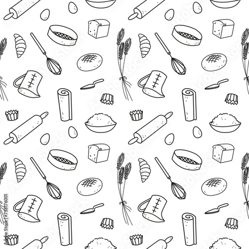 Baking equipments background hand drawn ink sketch seamless pattern vector illustration with dough, eggs, rolling pin, flour, wheat, ingredients tools cooking baked goods. Design for bakery, menu cafe
