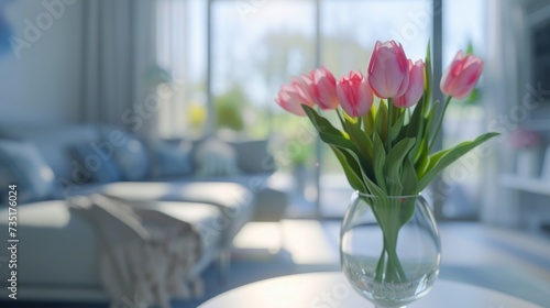 Beautiful pink tulips stand in a clear glass vase on a white round table in the middle of a bright modern living room