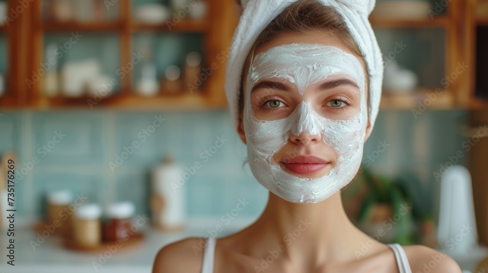 Skin care routine, woman with cleansing face mask Skin care routine, woman with cleansing face mask