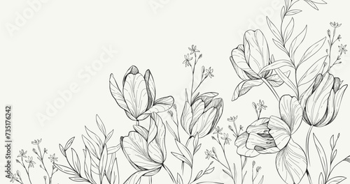Floral bakground with bouquet of various flowers. Botanical foliage for wedding invitation, wall art or wallpaper. Vector illustration