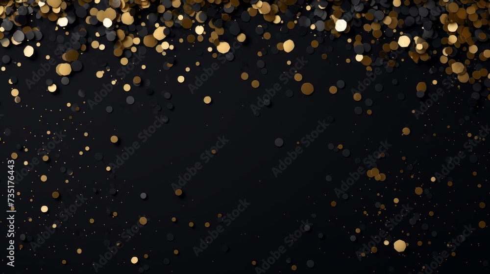 Beautiful abstract black minimalistic background with golden small confetti and lots of space for texts in the center